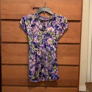 Apt 9 PM silky purple floral cap sleeve top with sash detail.